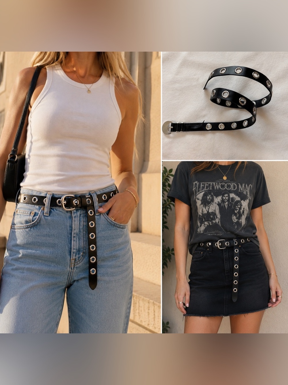 Free People Black Leather Grommet Belt Edgy Rocker Western NWOT Med/Large